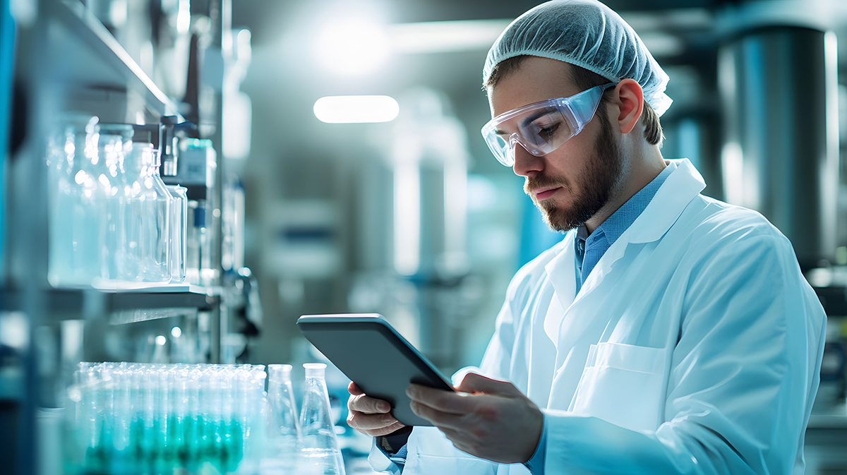 Researcher in a sterile lab using a digital tablet