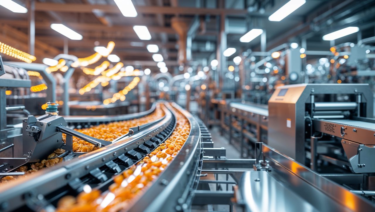 Production line in a modern factory with automated machinery processing goods during daytime operations