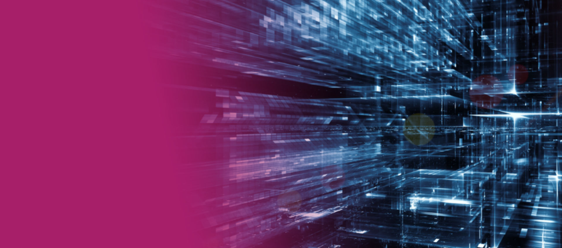 Abstract futuristic digital network or data-center environment in deep blue tones, with glowing geometric structures, luminous grid lines, reflections, and motion-blurred streaks suggesting high-speed data flow and advanced technology.