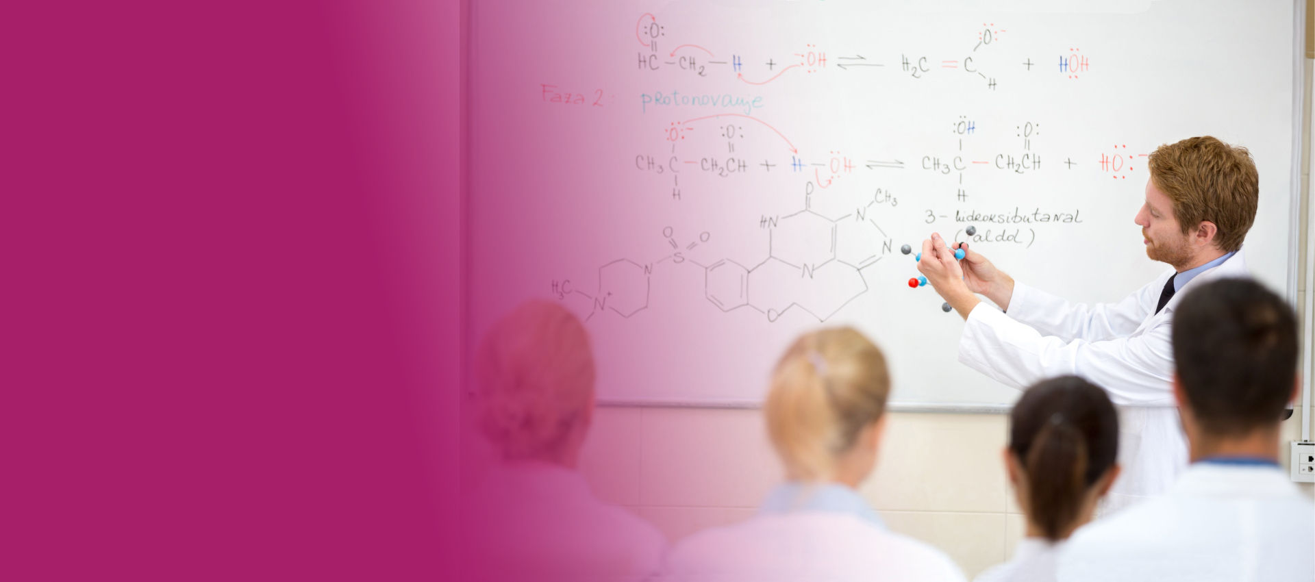 Students and a teacher pointing at a whiteboard in a lecture.